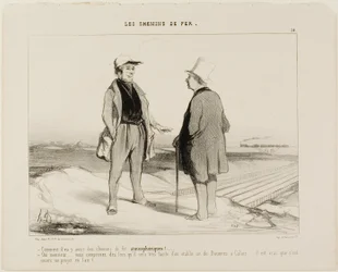 „- Was meinen Sie, es wird bald Luftzüge geben? - Aber natürlich, Monsieur... sehen Sie, es wird dann sehr einfach sein, eine Verbindung zwischen Dover und Calais herzustellen... aber natürlich ist das Projekt noch in der Luft schwebend,“ Platte 14 aus The