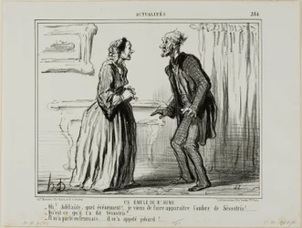 Ein Rivale des Herrn Hume. „- Oh Adelaide, was für ein Erlebnis.... Ich habe gerade den Schatten des Sesostris vor mir erscheinen lassen! - Und was hat Sesostris zu dir gesagt? - Er sprach auf Französisch mit mir.. und nannte mich einen Trottel!“, Tafel