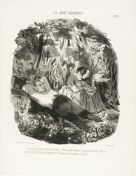Bei 30°C, glücklich derjenige, der entkommen und im Wald von Saint-Germain mit seiner Frau und ein paar Eidechsen dösen kann, Tafel 27 aus Les Bons Bourgeois
