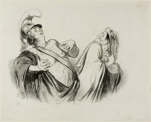 Merope. „Ein Soldat meiner Statur ist durchaus in der Lage, den Staat zu führen, der einst mit so viel Spaß verteidigt wurde“, Platte 2 aus Physionomies Tragiques (recto); Provost. (dans le Puff - Théâtre Français) "Le Puff, est l