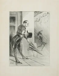 Neuer patentierter Regenschirm mit verbessertem Federsystem, um sich bei der geringsten Berührung schnell zu öffnen (siehe unsere Anzeige zu diesem Thema), Platte 33 aus "Émotions Parisiennes"