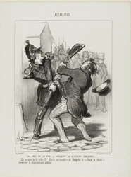 Die Freunde des Friedens - Ergebnis einer Rede von Coquerel. Beim Verlassen der Station Saint Cécilia beschloss ein Mitglied des Friedenskongresses, die allgemeine Abrüstung zu beginnen, Tafel 7 aus Actualités