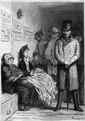 Ein Omnibus-Warteschalter. Karikatur von Honore Daumier. Gravur in „Le Monde Illustré“ Nr. 257 vom 15. März 1862