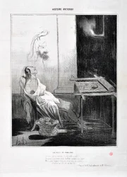 Werk von Honore Daumier (1808-1879) Charivari stammt aus dem Jahr 1842: Serie HISTORIE ANCIE Les Nuits de Penelope - Von ihrem abwesenden Ehemann das liebenswerte Profil, Für immer in ihren sanften Augen leuchtete wie ein Stern Aber um drei Jahre zu weben 