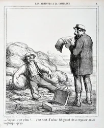 Werk von Honoré Daumier. Charivari stammt aus dem Jahr 1865: Serie LES ARTISTS IN THE CAMPAGNE - „Lass uns sehen, ist es vorbei?... Es ist immer noch anstrengend, so lange zu ruhen...“ MUSEUM DER SCHÖNEN KÜNSTE - PALAST LONGCHAMP, MARSEILLE