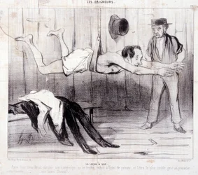 Karikatur über Touristen im Urlaub. Serie „Les Baigneurs“: „Die Lektion eines Trockenen“. Gravur von Honoré Daumier (1808-1879). Auszug aus der Zeitung „Le Charivari“.