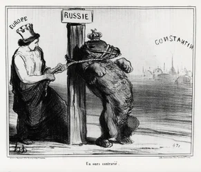 Russland: ein verärgerter Bär (von Europa). Im März 1854 bildeten Frankreich und England eine Allianz mit der Türkei gegen Russland. Illustration von Honore Daumier (1808-1879), veröffentlicht in den Nachrichten, „Charivari“