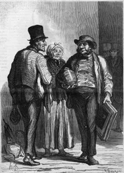 Das Hotel des Commissaires Ariseurs: die Kaufleute. Karikatur von Honore Daumier (1808-1879). Gravur in „Le Monde Illustré“ Nr. 326 vom 11. Januar