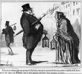 Das ist ein Muss, das die Pariser mitnehmen, wenn sie ihre Häuser verlassen, selbst mitten am Tag, seit sie von Monsieur Babinet erfahren haben, dass die Sonne von einem Moment auf den anderen verblassen könnte. Karikatur über den Kometen und die Astronomi