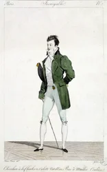 Erstaunliches Paris. Mann hat die Haare von Karl XII., trägt wassergrüne Hosen und gestrickte Strümpfe. Illustration der Herrenmode um 1810 von Horace Vernet (1789 - 1863)