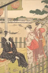 Gruppe in einem Teehaus am Ufer des Sumida-Flusses