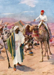 Allein und unbewaffnet ritt Gordon in das Lager der Sklavenhändler (Farblithographie)