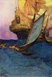Angriff auf eine Galeone durch Piraten. „Buch der Piraten, Buccaneers und Marooners des spanischen Main“ von Howard Pyle (1853-1911), amerikanischer Illustrator