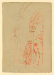Zeichnung, Skizze: An einem Tor, möglicherweise 1888