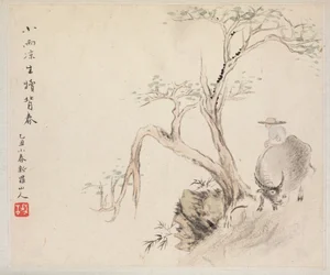 Album mit Landschaftsmalereien, die alte Gedichte illustrieren: Ein Mann sitzt auf einem Wasserbüffel