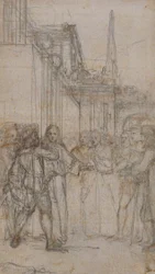 Literarische Illustration: Mann mit Schwert konfrontiert Gruppe von Figuren vor Gebäude