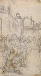 Literarische Illustration mit Gruppe von Figuren, die einen Mann anflehen