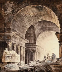 Ein großes kreuzgewölbtes Gebäude mit Frauen und Kindern und einem Hund bei zerbrochenen Säulen