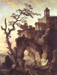Architektonische Ruinen in einer felsigen Landschaft