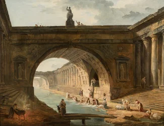 Capriccio mit Wäscherinnen an einem Kanal