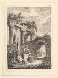 Die Statue vor den Ruinen