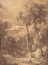 Gebirgige Landschaft mit einer Reisegruppe, Szene am Fluss Pellene Achaia, 1818-29