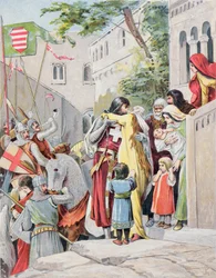 John Hunyadi umarmt seine Frau Erzsebet Szilagyi, bevor er in die Schlacht zieht, ca. 1900