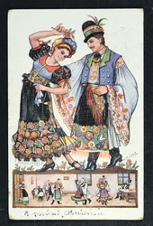 Postkarte darstellend ein ungarisches Paar beim traditionellen Tanz, 1943