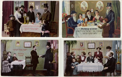 Postkarten, die die jüdische Familie an Rosch Haschana darstellen
