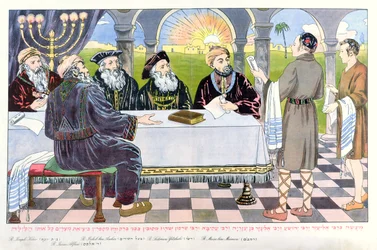 Gelehrte an der Tafel des Maimonides, aus einer Pessach-Haggada