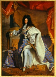 Ganzkörperporträt von Ludwig XIV. (1638-1715) im Alter von 63 Jahren im großen königlichen Kostüm Gemälde aus der Werkstatt von Hyacinthe Rigaud (1659-1743)