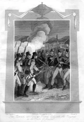 Die Briten greifen die französische Linie mit Bajonetten in der Schlacht von Maida an, 1816
