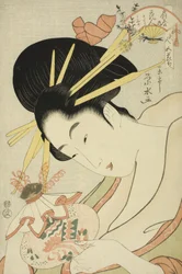 Die Kurtisane Hanahito von Ogiya und die Begleiterinnen Sakura und Momiji, aus der Serie Schönheiten der fünf Feste