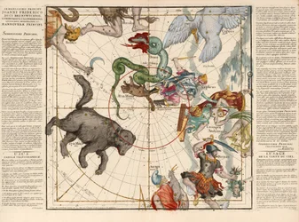Nordpol, Tafel 1 aus Globi coelestis in tabulas planas redacti descriptio, veröffentlicht 1674 (handkolorierter Stich)