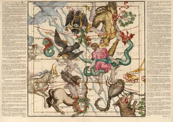 Wintersonnenwende, Tafel 5 aus Globi coelestis in tabulas planas redacti descriptio, veröffentlicht 1674 (handkolorierter Stich)