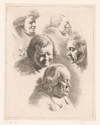 Komposition mit sechs Köpfen von Männern und Frauen mit geschlossenen Augen