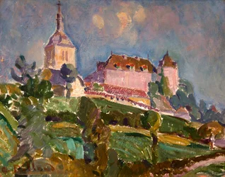 Blick auf das Schloss und die Kirche von Gruyères, ca. 1925-30
