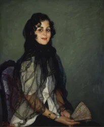 Angustias in Weiß mit schwarzer Mantilla und Fächer – 20. Jahrhundert – Öl / Leinwand – 95x79 cm