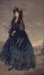 Frau mit Mantilla, Blumen und Fächer