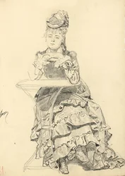 Frau, die an einem Cafétisch sitzt, ca. 1872-1875