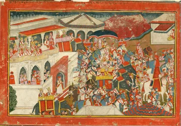 Krishna und Balarama verlassen einen Palast, um 1840