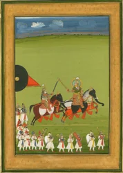 Rajah und Sohn auf Pferden als Elefanten verkleidet, und Gefolge, um 1810
