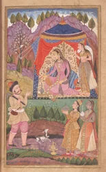 48.62 Folio 138 Farhad erzählt Prinzessin Shirin von seinen Abenteuern, aus dem Khusrau und Shirin, Deccani-Schule, 1722