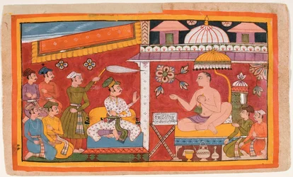 Ein Jain-Lehrer empfängt einen Prinzen und sein Gefolge