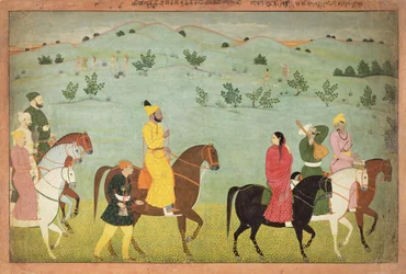 Ein Jasrota-Prinz, möglicherweise Balwant Singh, auf einem Reitausflug, von Nainsukh (tätig 1740-50) Kaschmir, ca. 1751