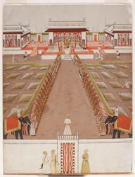 Ein Nawab hält Hof in einem Pavillon, jenseits einer Allee von Gefolgsleuten und zwei Elefanten