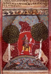 Eine Kobra wird in einem von Tieren bevölkerten Wald gefangen. Miniatur der Schule von Malwa (Indien) um 1680. Private Sammlung