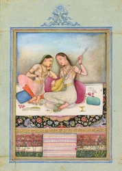 Ein Mädchen spielt die Tambur, während ihre Begleiterin zuhört, ca. 1660