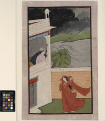 Eine Dame kommt bei einem Regensturm zum Haus ihres Liebhabers