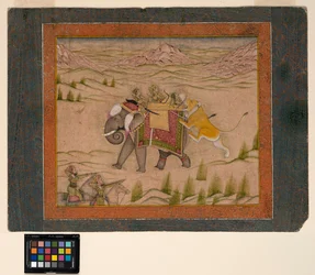 Ein Löwe greift eine Jagdgesellschaft auf einem Elefanten an, ca. 1810